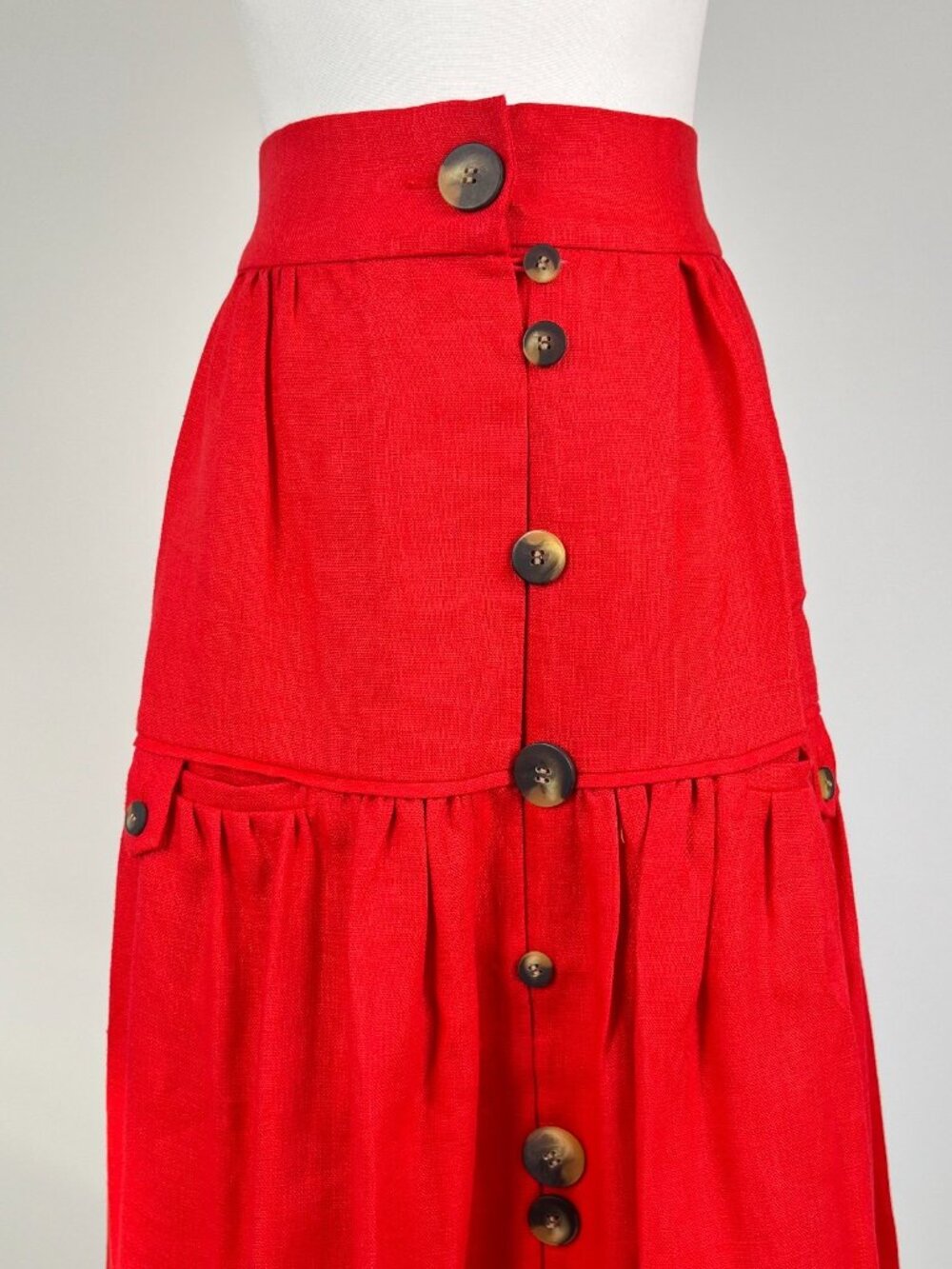 NWOT Farm Rio Red Mixed Buttons Linen Midi Skirt Elastic Waist Size S - Picture 9 of 13